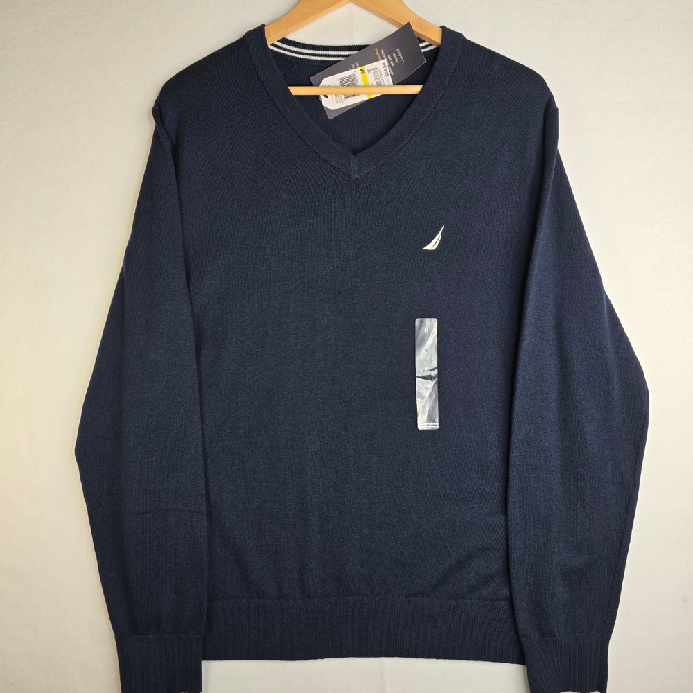 Nautica Navtech Men's V-Neck Sweater Navy Blue Cotton Blend Active Stretch M